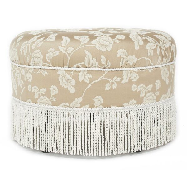 Yolanda - Floral Round Upholstered Accent Ottoman - Champagne Beige / Ivory