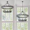 2 Tiers Wagon Wheel Chandelier Wooden Farmhouse 36 Light (24 / 12) Or (12 / 24) Metal Chandeliers 2 Story Light Fixtures Industrial For High Ceiling Living Dining Room Foyer, Adjustable Height - Black - Image 8