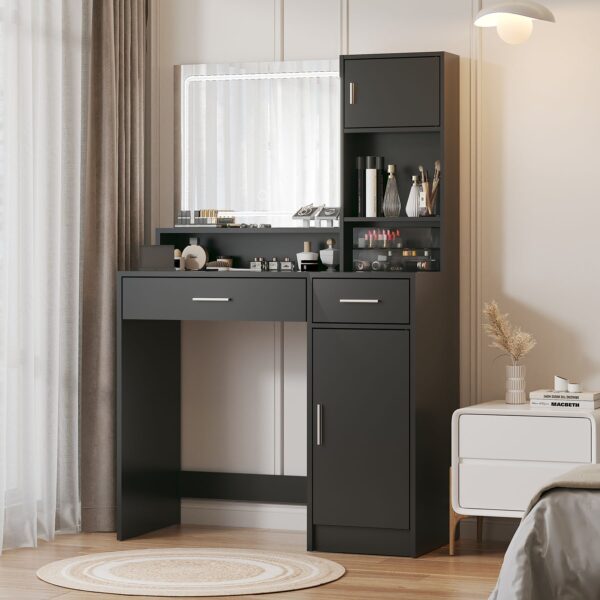 Vanity Desk With Mirror And LED Light Strip, Dressing Table With Large Drawer, 3 Level Storage Dresser & 3 Lighting Modes Adjustable Brightness, Suitable For Bedroom - Black