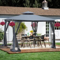 10 X 10 Ft Patio Gazebo Tent With Ventilated Double Roof And Mosquito Net Canopy For Backyard Or Garden - Gray