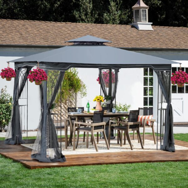 10 X 10 Ft Patio Gazebo Tent With Ventilated Double Roof And Mosquito Net Canopy For Backyard Or Garden - Gray