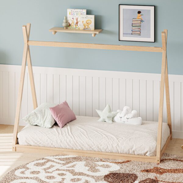 Wood Twin Size Tent Bed For Kids, Montessori Style Low - Floor Bed, House-Shape Tent Bed Frame For Boys Girls Teens, Without Slats - Natural