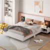 Queen Size Floating Platform Bed, With LED Lights, Bedside Nightstand - White - Image 9