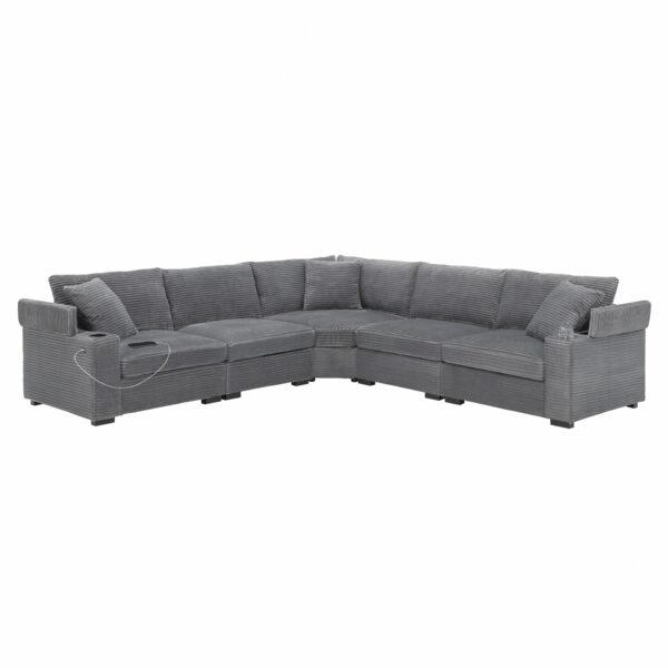 Convertible L Shaped Sectional Corner Couch With Armrest Storage Cup Holders USB Charger, Irregular Corner Oversized Comfy Modular Sofa - Gray