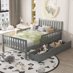Twin Size Platform Bed With Guardrails On Both Sides And 2 Storage Drawers - Gray