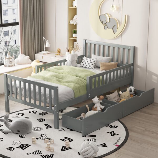 Twin Size Platform Bed With Guardrails On Both Sides And 2 Storage Drawers - Gray