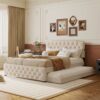 Queen Size Upholstered Platform Bed With Twin Size Trundle And 2 Sets Of USB Ports On Each Side - Beige - Image 12