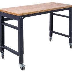 48" Wide Rolling Workbench For Garage, Adjustable Height, Workshop Tool Bench, Metal With Rubber Wood Top - Black / Light Brown