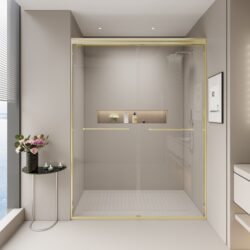 Double Sliding Shower Door, Semi Frameless Bypass Bathroom Sliding Door With 1 / 4" (6Mm) Tempered Glass For Walk In Shower - Brushed Gold