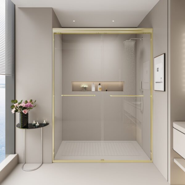 Double Sliding Shower Door, Semi Frameless Bypass Bathroom Sliding Door With 1 / 4" (6Mm) Tempered Glass For Walk In Shower - Brushed Gold