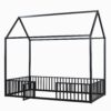 Twin Size Metal House Bed With Fence And Door - Black - Image 7