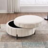 Upholstered Round Ottoman With Reversible Lid, Storage Stool, Channel Tufted Pumpkin Shape Footstool For Living Room, Bedroom And Office - Beige - Image 5