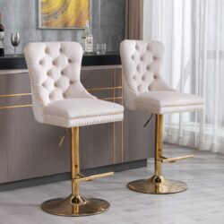 Thick Golden Swivel Velvet Barstools Adjusatble Seat Height From 27-35", Modern Upholstered Bar Stools With Backs Comfortable Tufted For Home Pub And Kitchen Island (Set of 2) - Beige
