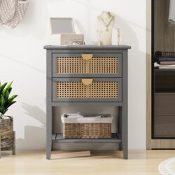 2 Drawer Side Table - Natural Rattan - End Table - Suitable For Bedroom, Living Room, Or Study - Gray