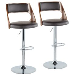 Cecina - Mid-Century Modern Adjustable Height Barstool With Swivel With Oval Footrest (Set of 2) - Chrome / Walnut / Brown