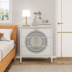 3 Drawer Cabinet With Hollow Carved 3 Drawer Dresser Storage Chest With Metal Handles For Entryway Living Room Bedroom - Beige