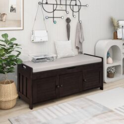 Storage Bench With 3 Shutter-Shaped Doors, Shoe Bench With Removable Cushion And Hidden Storage Space - Espresso