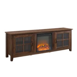 Modern Farmhouse 2 Door Glass Windowpane 70" Fireplace TV Stand For 80" TVs - Dark Walnut