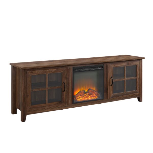 Modern Farmhouse 2 Door Glass Windowpane 70" Fireplace TV Stand For 80" TVs - Dark Walnut