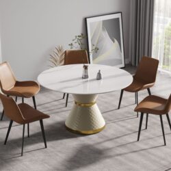 53.15" Modern Artificial Stone Round Carbon Steel Base Dining Table, Can Accommodate 6 People - White