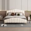 Queen Size Platform Bed With Thick, Stylish Stripe Decorated Bedboard And Elegant Leg - Beige - Image 14