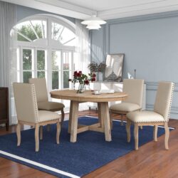 5 Piece Farmhouse Dining Table Set Wood Round Extendable Dining Table And 4 Upholstered Dining Chairs - Natural Wash