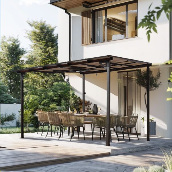10 X 10 Ft Wall Mounted Outdoor Pergola Gazebo, Heavy Duty Metal Awning With Roof - Gray