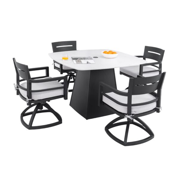 5 Pieces Outdoor Patio Dining Set, Squircle Dining Table, 4 Swivel Rockers With Sunbrella Cushions - Ember Black