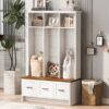 Modern Hall Tree With Entryway Bench, 3 Shelves And Drawers, Wide Hall Tree With Storage Bench For Hallway - White - Image 6