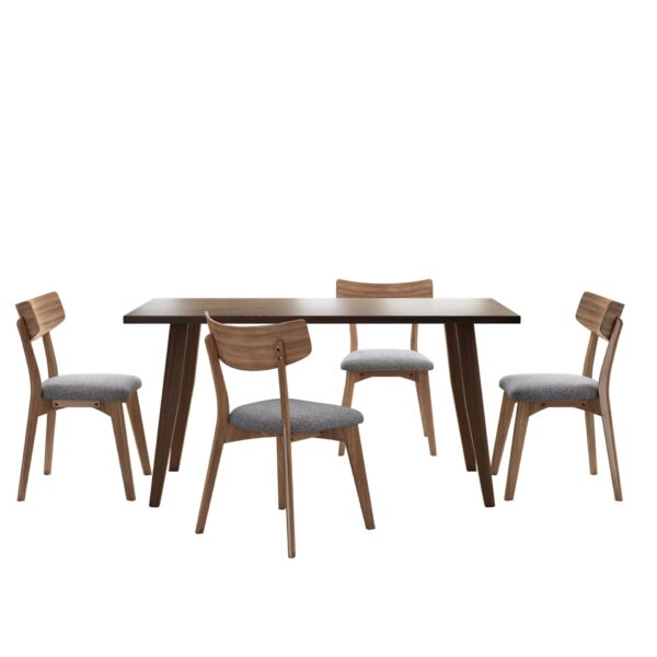 5 Piece Mid Century Walnut Dining Set With Upholstered Dining Chairs - Dark Gray / Brown