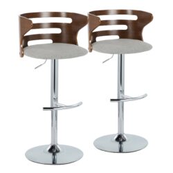 Cosi - Mid-Century Modern Adjustable Barstool With Swivel With Rounded T Footrest (Set of 2) - Chrome / Walnut / Gray