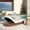 Willow - Sunbrella Upholstered Woven Patio Lounger, Wicker Frame - Wheat Beige / Golden Brown - Image 8