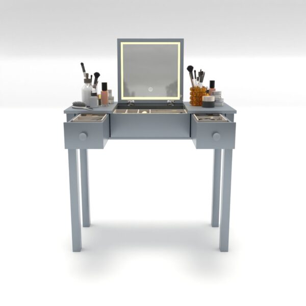Vanity Table With LED Lights, Flip-Top Mirror And 2 Drawers, Jewelry Storage - Sleek Gray