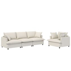 2 Piece Living Room Set With Throw Pillows Sectional Couch Sets, Upholstered 3 Seater Sofa & Armchair 4 Seat - Beige