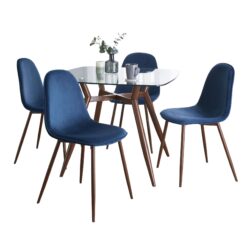 Clara Pebble - 5 Piece Mid-Century Modern Dining Set - Walnut / Clear Square / Blue