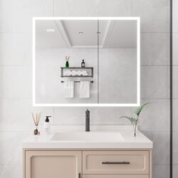 Bathroom Medicine Cabinet With Lights, LED Medicine Cabinet With Mirror, Double Door Lighted Medicine Cabinet With Defogger, Dimmer, Clock & Temp Display, 2 Outlets & USB Ports - Silver