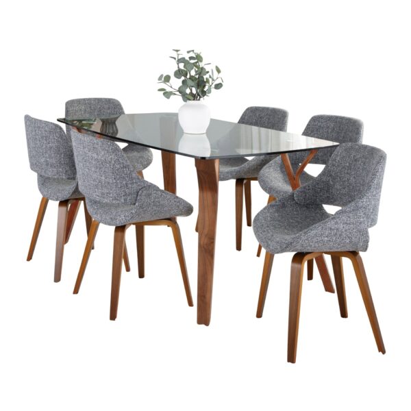 Folia Fabrico - 7 Piece Mid-Century Modern Dining Set - Walnut / Clear Tempered / Gray