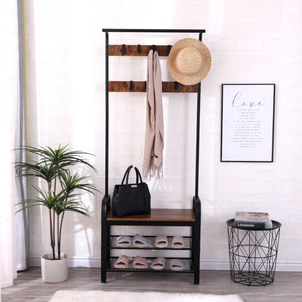 Coat Rack, Hall Tree With Shoe Bench For Entryway, Entryway Bench With Coat Rack, 4 In 1, With 9 Removable Hooks, A Hanging Rod - Rustic Brown / Black