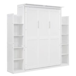 Full Size Murphy Wall Bed With Shelves And LED Lights - White