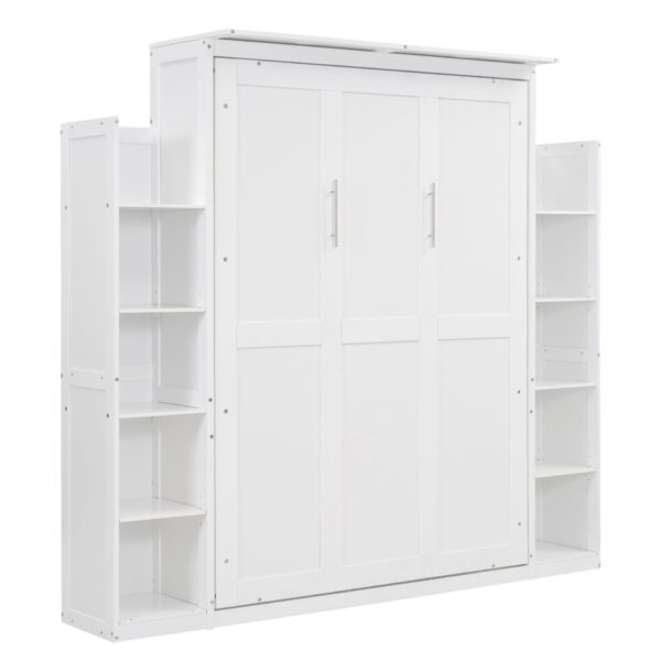 Full Size Murphy Wall Bed With Shelves And LED Lights - White
