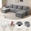 Chenille Modular Sectional Sofa, U Shaped Reversible Couch, Free Combination, 6 Seat Sleeper Sofa Bed With Ottoman, Convertible Oversized Indoor Furniture - Gray - Image 22