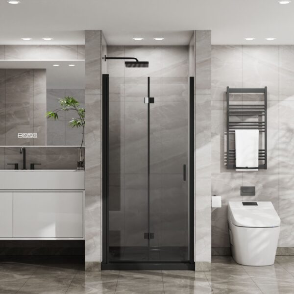 Bifold - Frameless Glass Shower Door 1 / 4" Tempered Clear Glass Pivot Swing Panel - Black