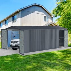 Outdoor Storage Shed, Metal Garden Shed Backyard Utility Tool House Building With 2 Doors And 4 Vents For Car, Truck, Bike, Garbage Can, Tool, Lawnmower - Black
