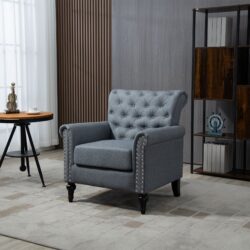 29.92" Mid-Century Modern Accent Chair, Linen Armchair With Tufted Back / Wood Legs, Upholstered Lounge Arm Chair Single Sofa For Living Room Bedroom - Gray