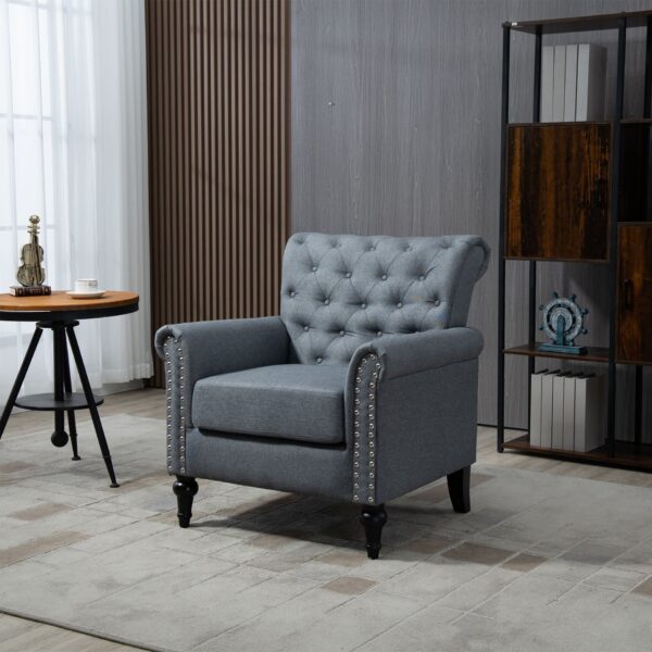 29.92" Mid-Century Modern Accent Chair, Linen Armchair With Tufted Back / Wood Legs, Upholstered Lounge Arm Chair Single Sofa For Living Room Bedroom - Gray