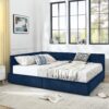 Queen Size Storage Upholstered Tufted Bed Frame, Comfortable Sofa Bed With Backrest And Armrests - Dark Blue - Image 9