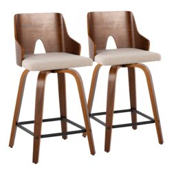 Ariana - Mid-Century Modern Fixed Height Counter Stool With Swivel Square Footrest (Set of 2) - Walnut / Beige