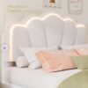 Full Size Upholstered Flower-Shape Bed, Elegant Flowers Headboard With LED Light Strip, Sherpa Fabric Platform Bed With Slats Support - White - Image 3