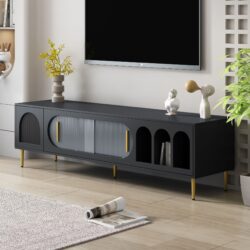 Modern TV Stand For Up To 70" TV, Entertainment Center TV Media Console Table, With 3 Shelves And 2 Cabinets, TV Console Cabinet Furniture For Living Room - Black