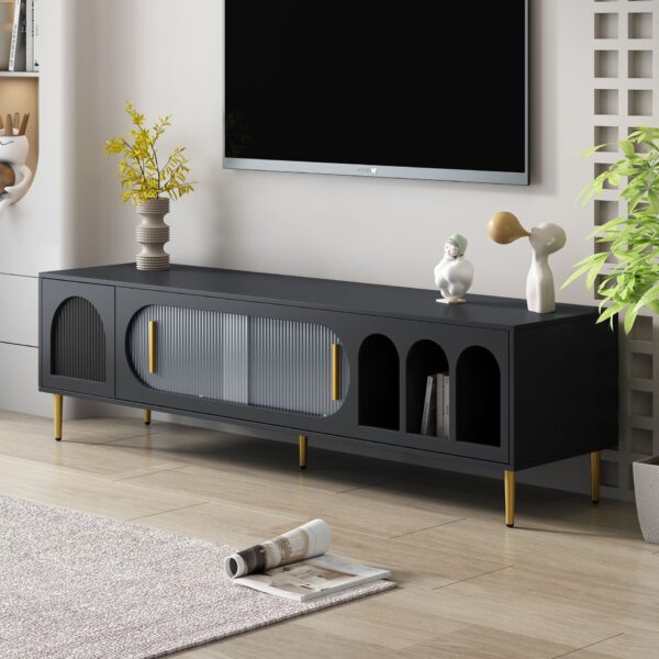 Modern TV Stand For Up To 70" TV, Entertainment Center TV Media Console Table, With 3 Shelves And 2 Cabinets, TV Console Cabinet Furniture For Living Room - Black